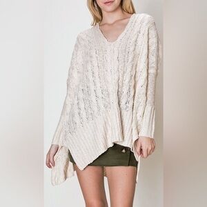 Free People Oversized Cream Cableknit V Neck Sweater Size S